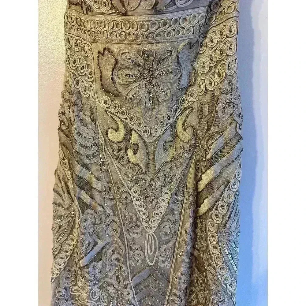 Sue Wong Nocturn Strapless Cocktail Beaded Soutache Mini Sheath Dress Beige 4 - Picture 6 of 10